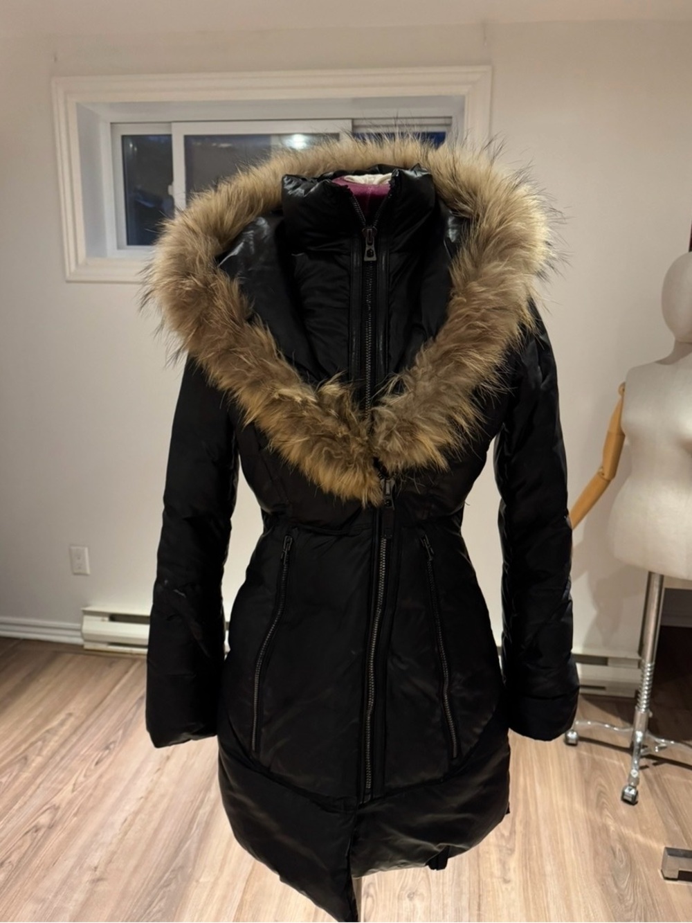 RUDSAK Black Long Puffer Coat with Faux-Fur Trimmed Hood